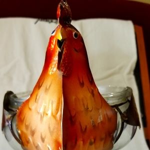 Unique and Adorable Metal(feet face wings)and Glass Rooster Candy/Anything Dish.
